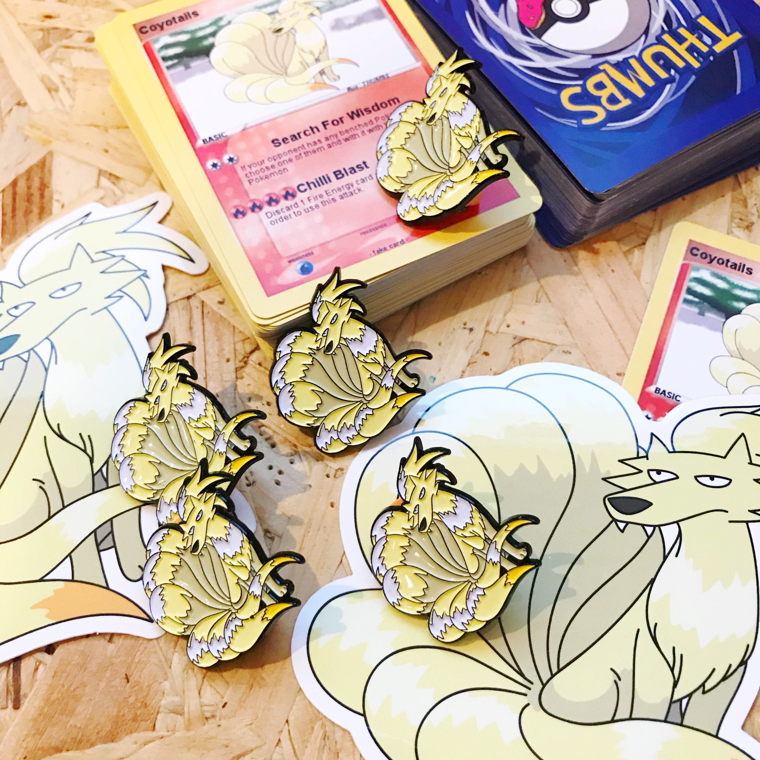 Coyotails Pin, Sticker and Trading Card