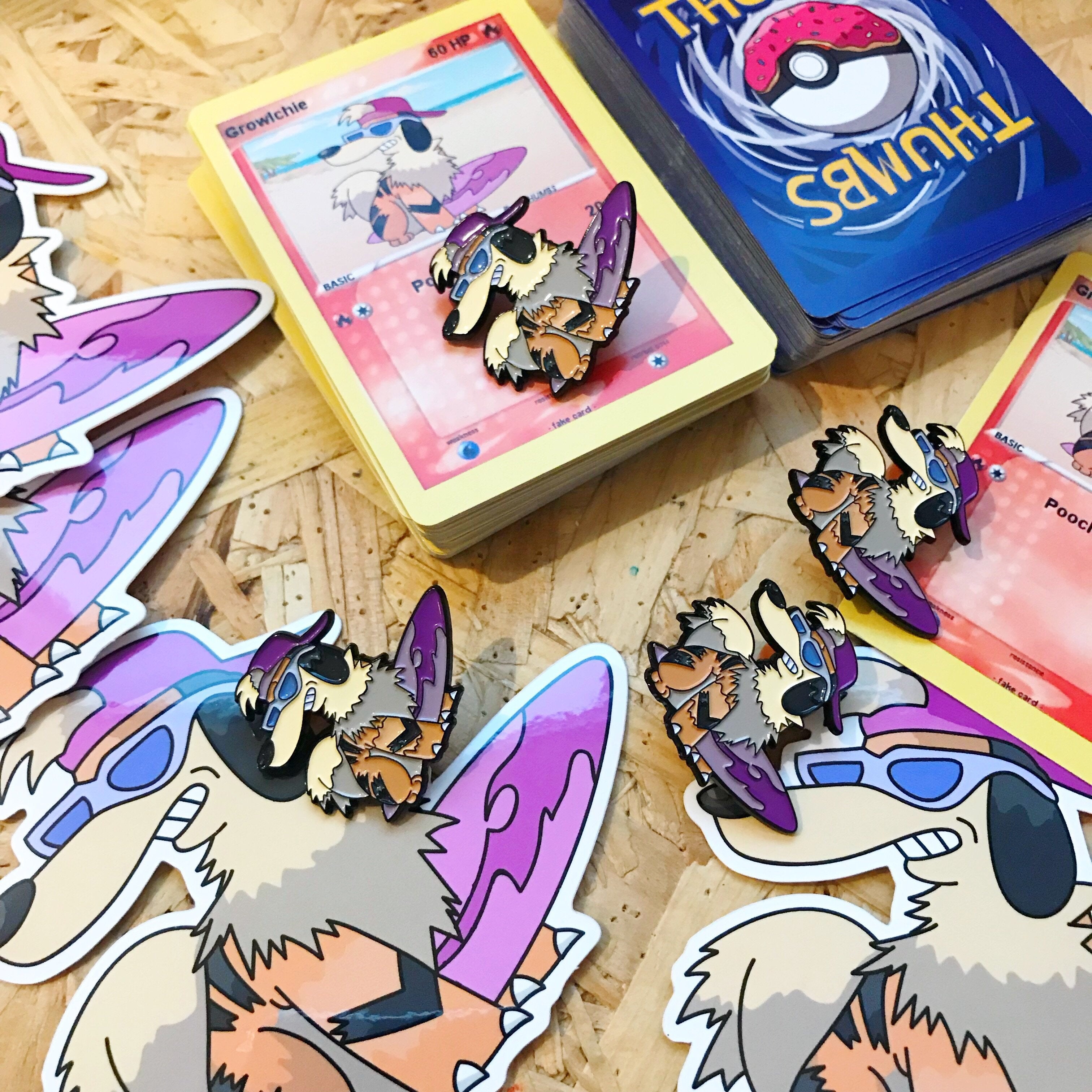 Growlchie Pin, Sticker and Trading Card